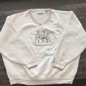 VINTAGE CYPRESS LINKS Golf Wear Cream V-Neck Sweater Embroidered GOLF Scene XL